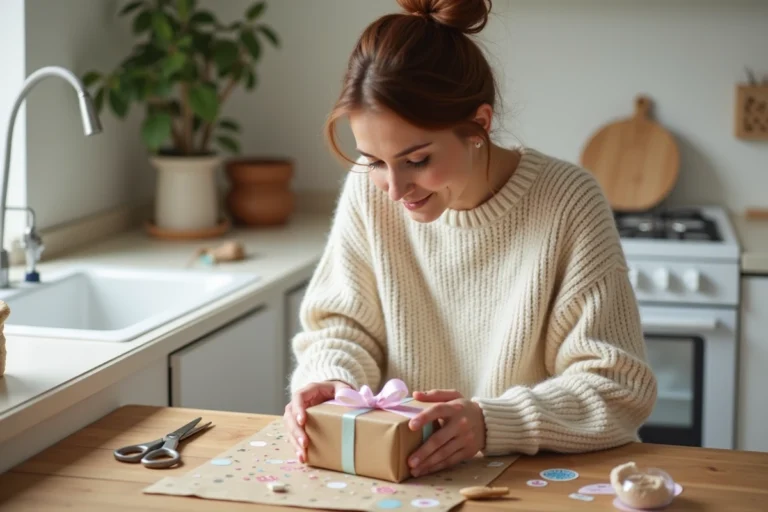 Femme préparant un cadeau emballé avec soin pour sa filleule dans une cuisine chaleureuse de style scandinave