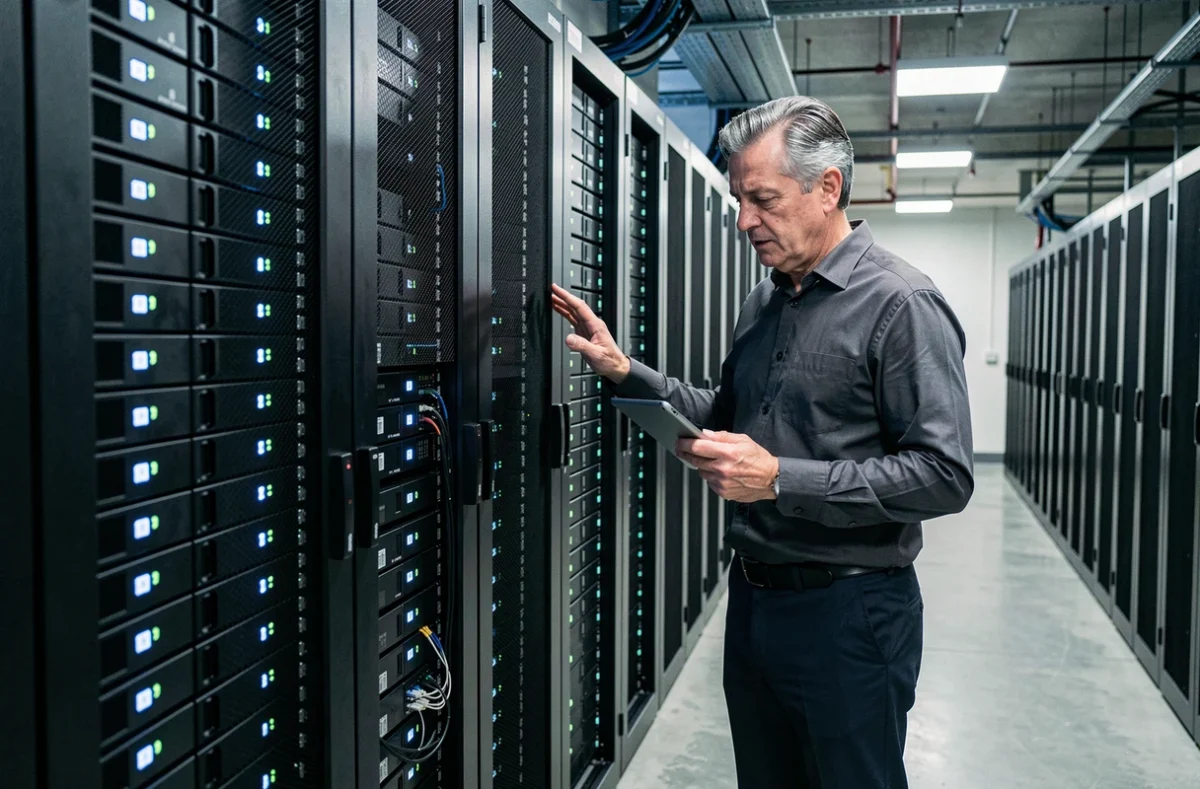 Technicien informatique supervisant une infrastructure de serveurs dans un centre de données