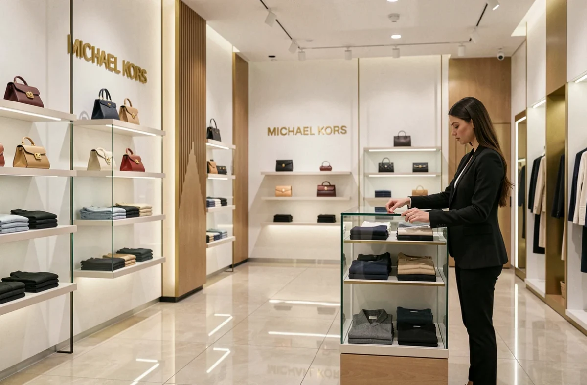 Intérieur d'une boutique Michael Kors avec présentoirs de sacs et une vendeuse arrangeant les produits