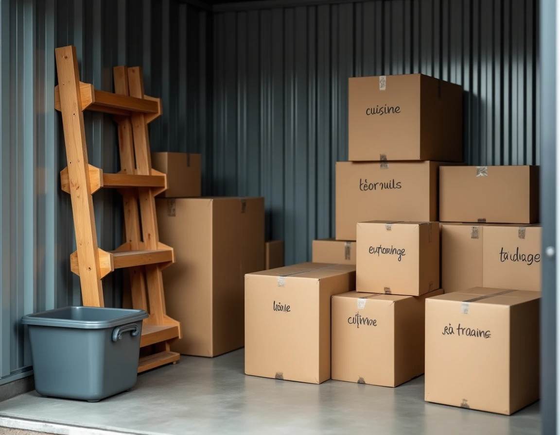 Intérieur d'un box de stockage avec cartons étiquetés et meubles entreposés à Pessac