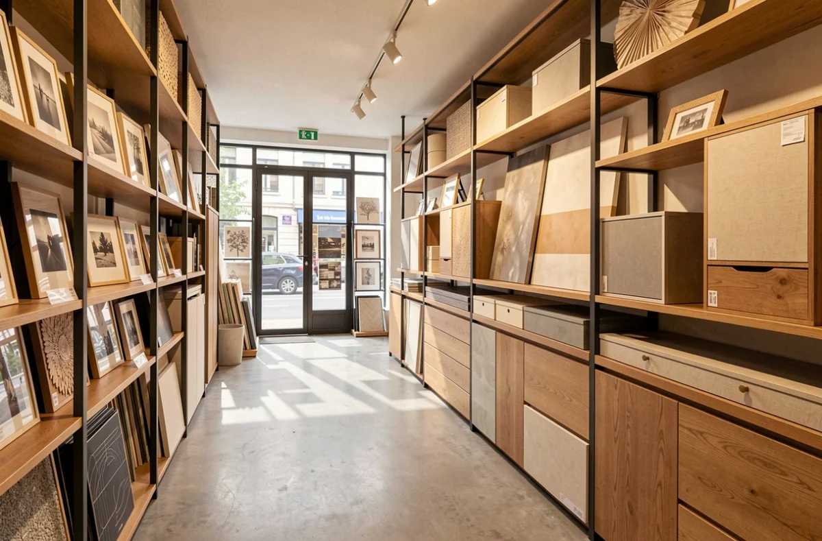 Intérieur d'un magasin Wallstore belge avec rayonnages de décoration murale et solutions de rangement modulaires