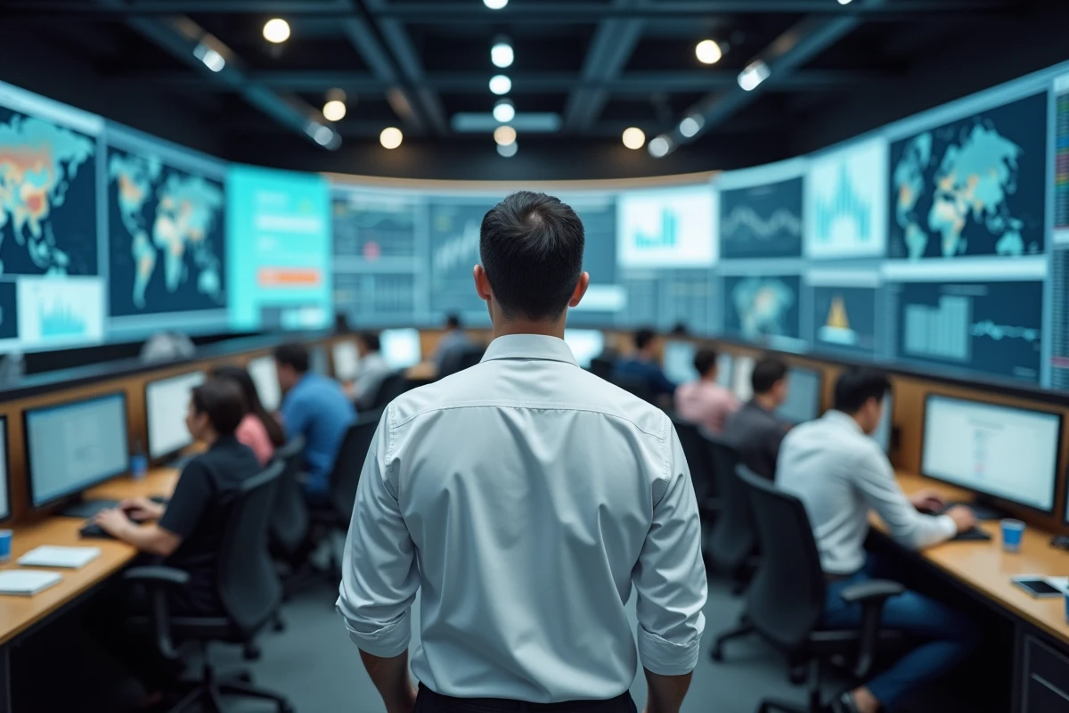 Journaliste masculin dans une salle de rédaction moderne entouré d'écrans d'actualité