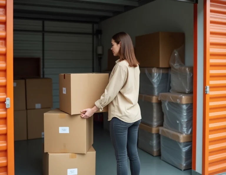 Femme rangeant des cartons dans un box de stockage moderne à Pessac près de Bordeaux