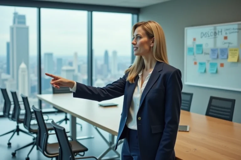 Une manager explique la méthode ADKAR devant un tableau blanc couvert de post-its lors d'un atelier de conduite du changement en entreprise