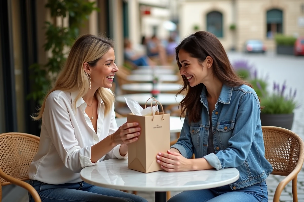 Marraine offrant un cadeau à sa filleule en terrasse de café dans une atmosphère parisienne conviviale