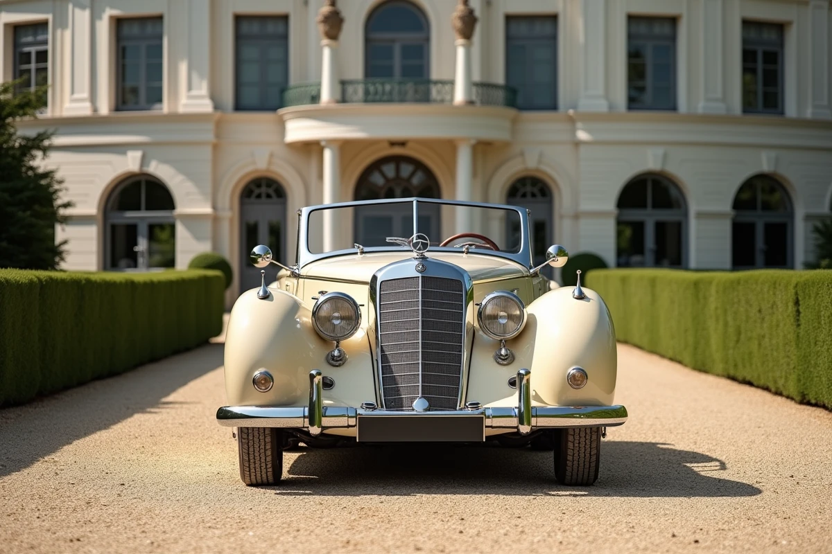 Une Mercedes-Benz 540K Spezial Roadster crème et noire devant une villa Art Déco, illustrant son capot interminable et ses ailes avant sculptées d'avant-guerre