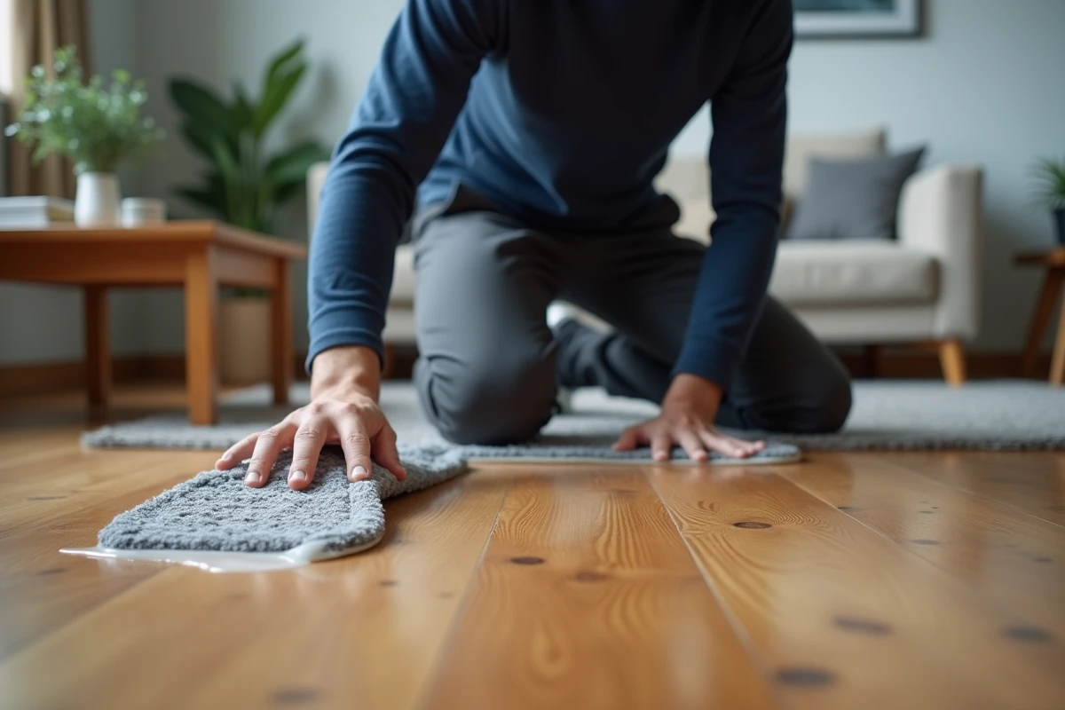 Homme nettoyant un parquet en bois massif avec un produit nettoyant spécial sol bois