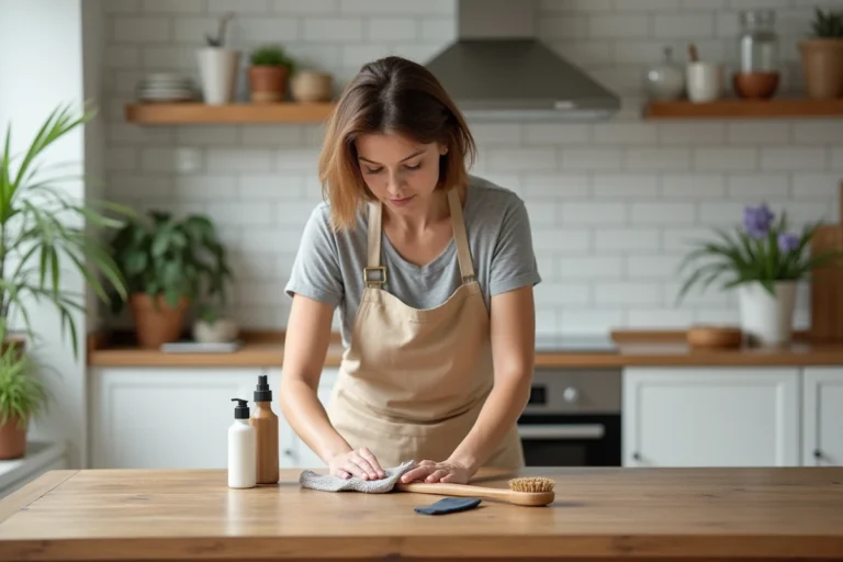 Femme appliquant un nettoyant bois sur une table en chêne dans une cuisine scandinave