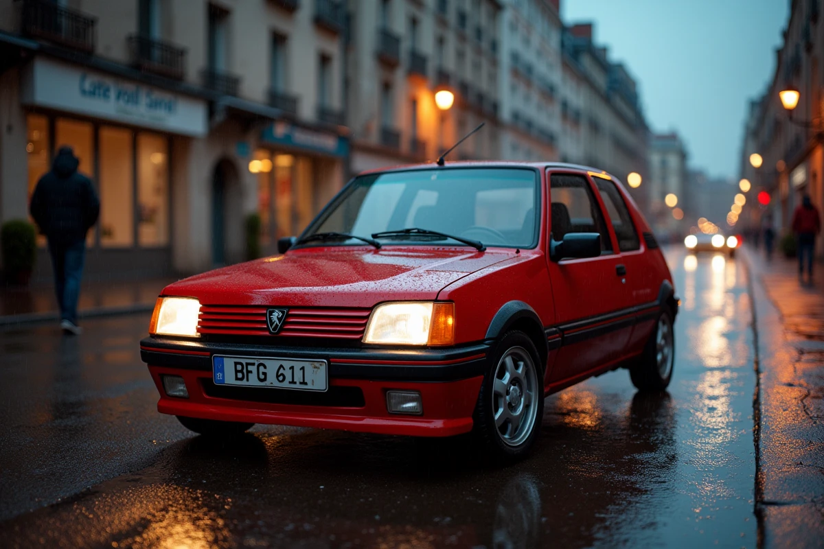 Une Peugeot 205 GTI rouge garée sur une rue urbaine mouillée à la tombée de la nuit, révélant ses badges iconiques et ses garnitures noires caractéristiques