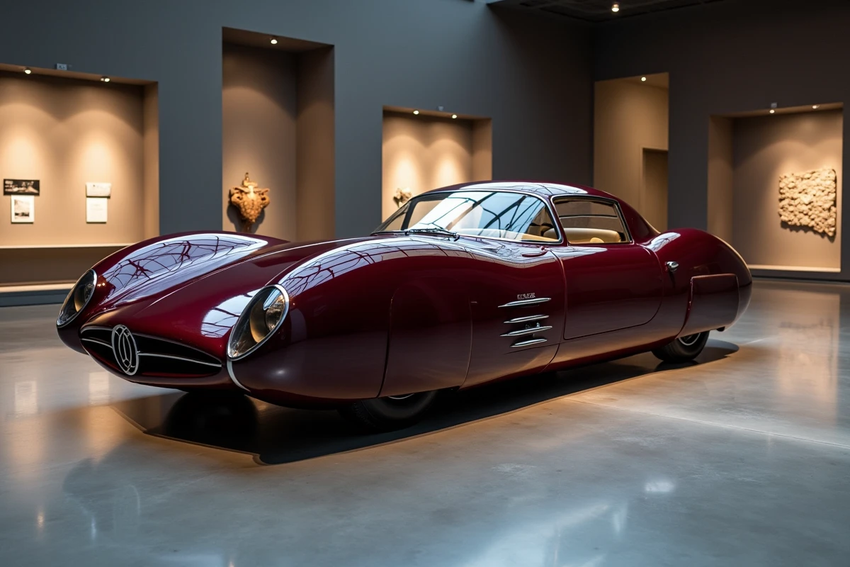 La Phantom Corsair bordeaux exposée dans un musée de design, révélant sa carrosserie futuriste ultra-aérodynamique et son cockpit inspiré de l'aviation des années 1930