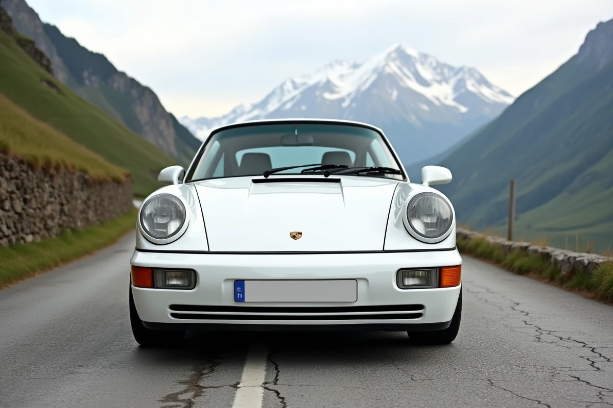 Une Porsche 911 type 964 blanche garée sur une route de montagne sinueuse, montrant son profil légendaire avec becquet arrière et phares ronds