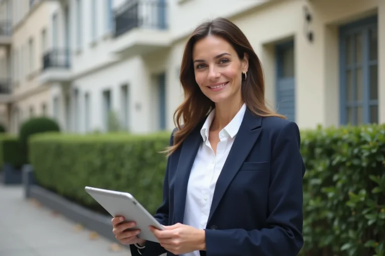 Femme professionnelle de l'immobilier tenant une tablette avec des plans devant un immeuble résidentiel moderne en France