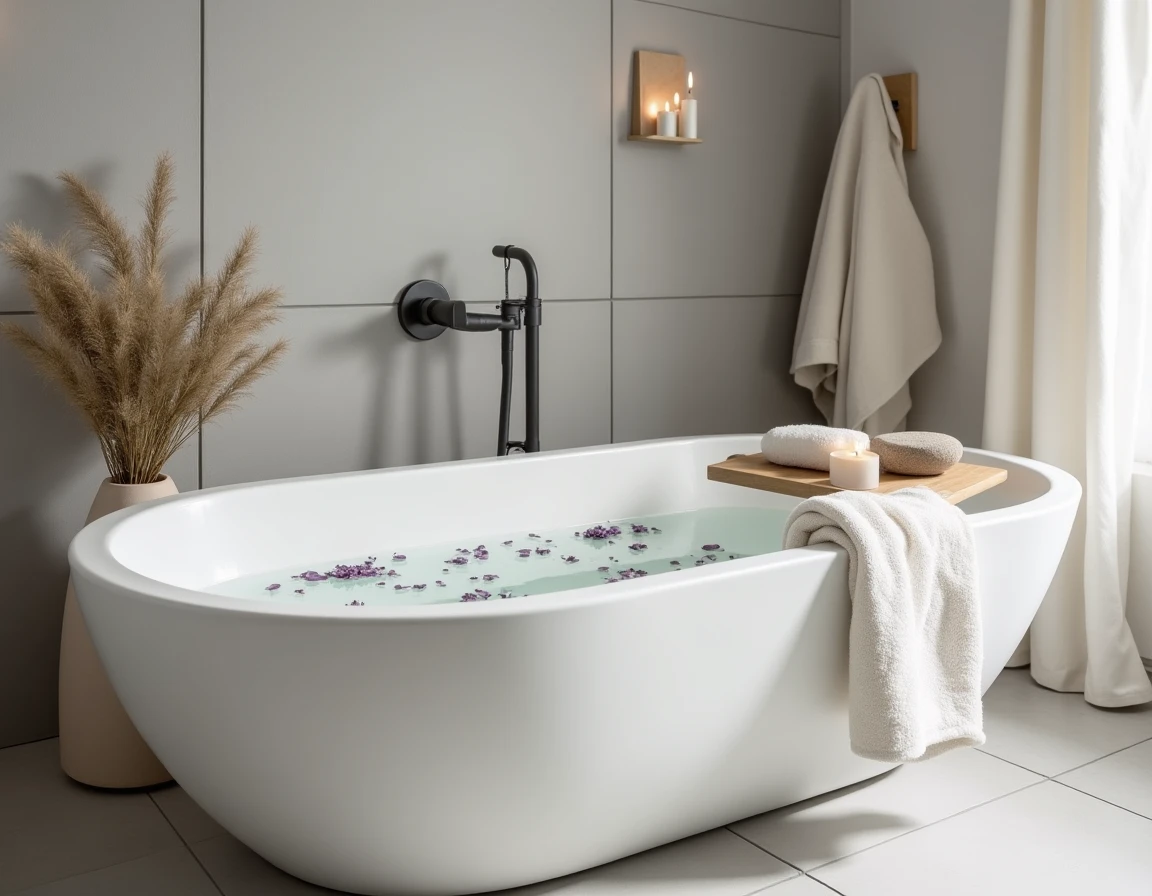 Salle de bain bien-être avec baignoire sur pieds, pétales séchés et accessoires naturels pour créer un espace de détente chez soi