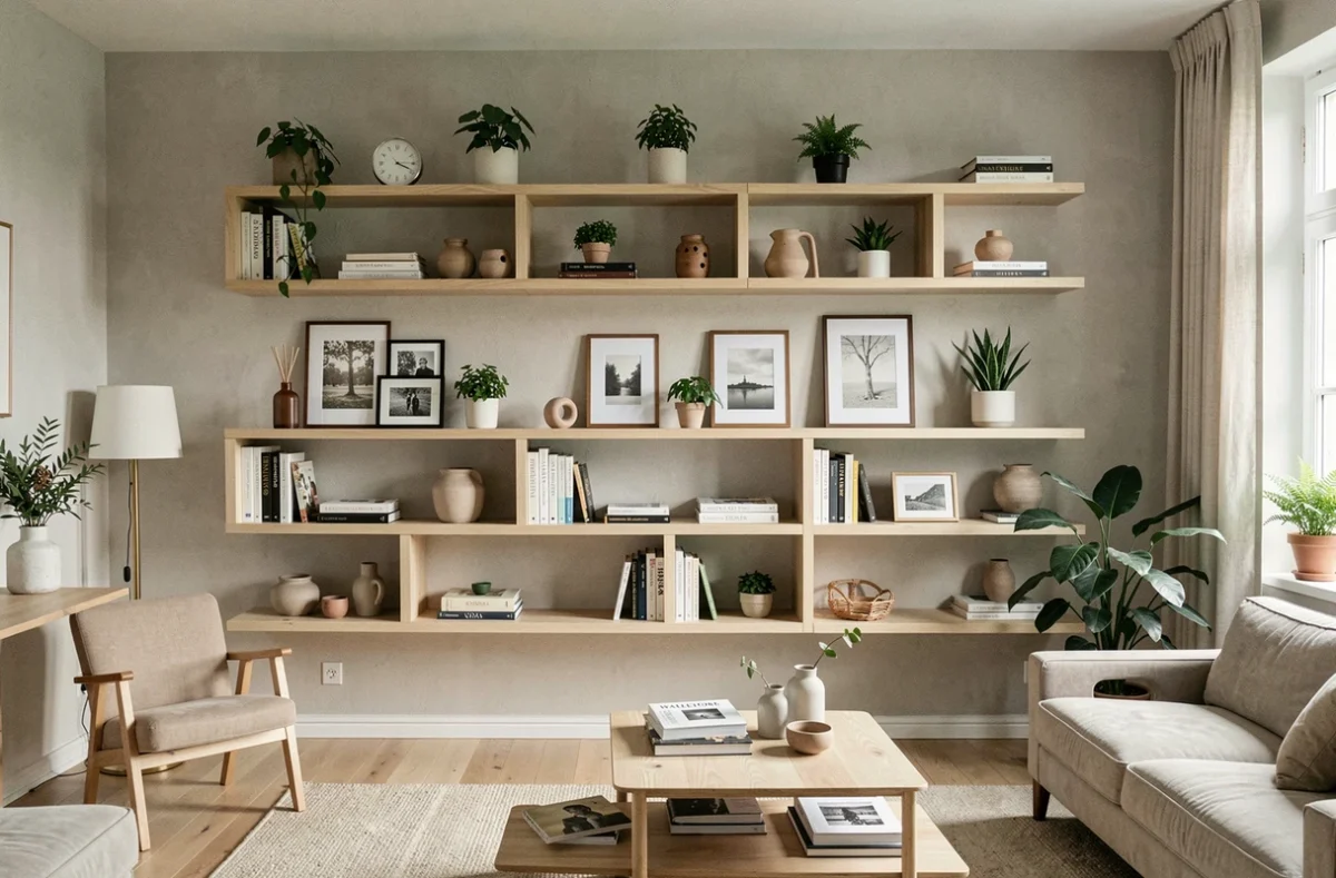 Salon belge aménagé avec des étagères murales modulaires Wallstore en finition chêne blanc