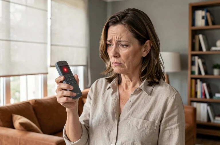 Femme tenant une télécommande Somfy avec voyant rouge clignotant dans un salon moderne