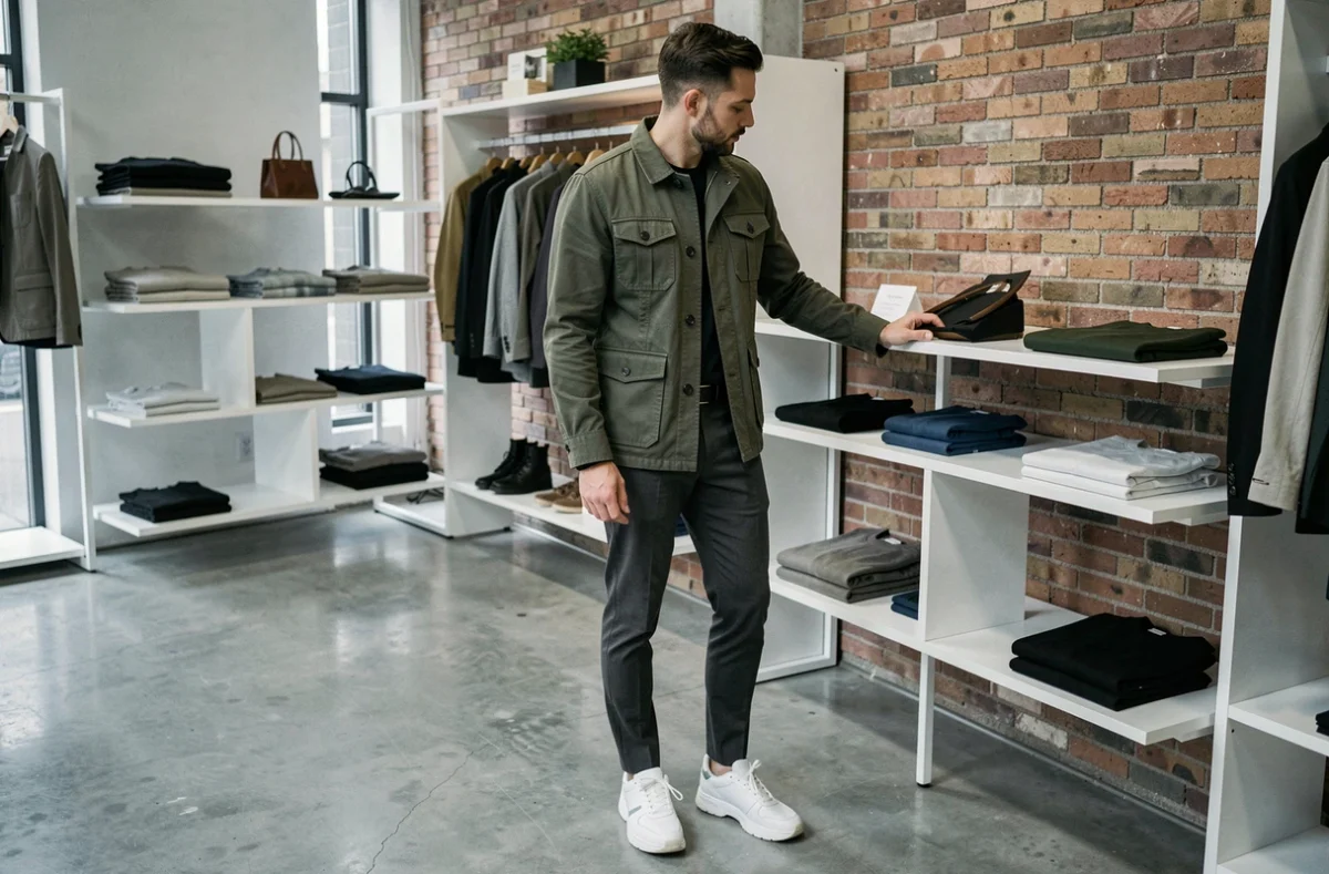 Homme en veste utility olive dans une boutique de mode contemporaine au style industriel, tendances vestimentaires masculines modernes