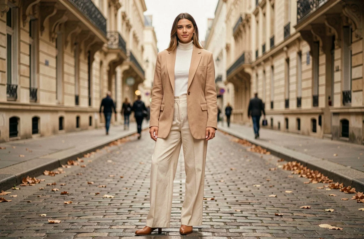 Femme élégante portant un blazer oversize beige et un pantalon large dans une rue pavée parisienne, tendance mode moderne