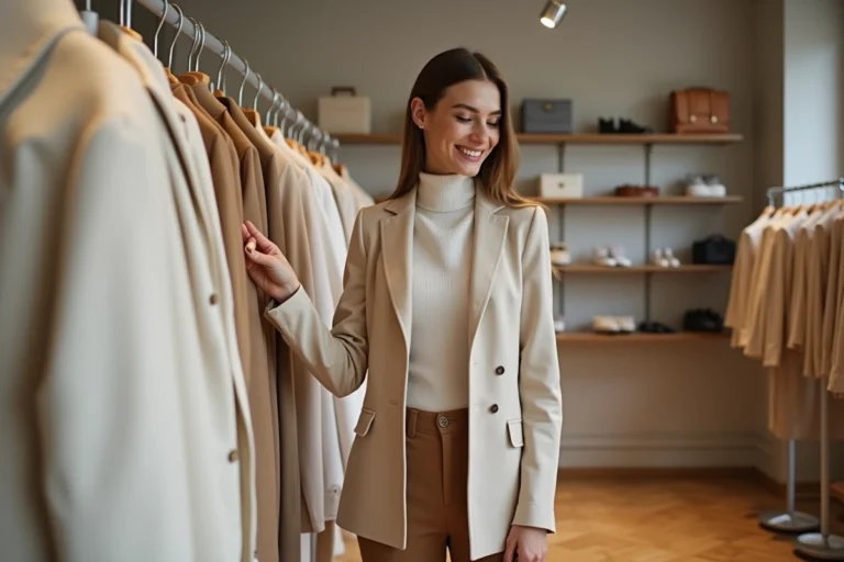 Jeune femme élégante en blazer crème et pantalon camel découvrant les dernières tendances mode dans une boutique parisienne minimaliste