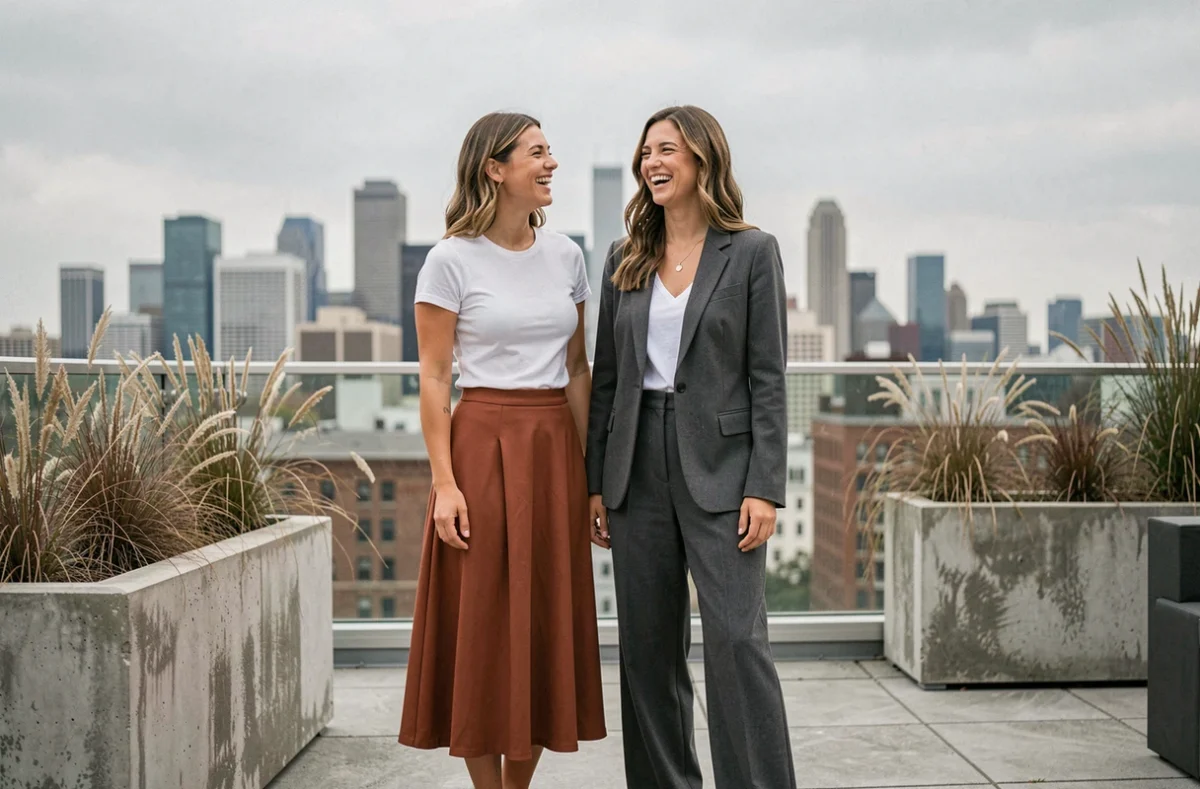 Deux femmes en tenues tendance moderne sur un rooftop urbain, jupe midi terracotta et co-ord gris, mode féminine contemporaine
