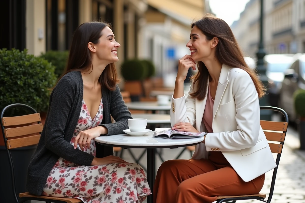 Deux femmes tendance aux tenues mode contrastées riant ensemble en terrasse de café parisien avec magazine de mode sur la table