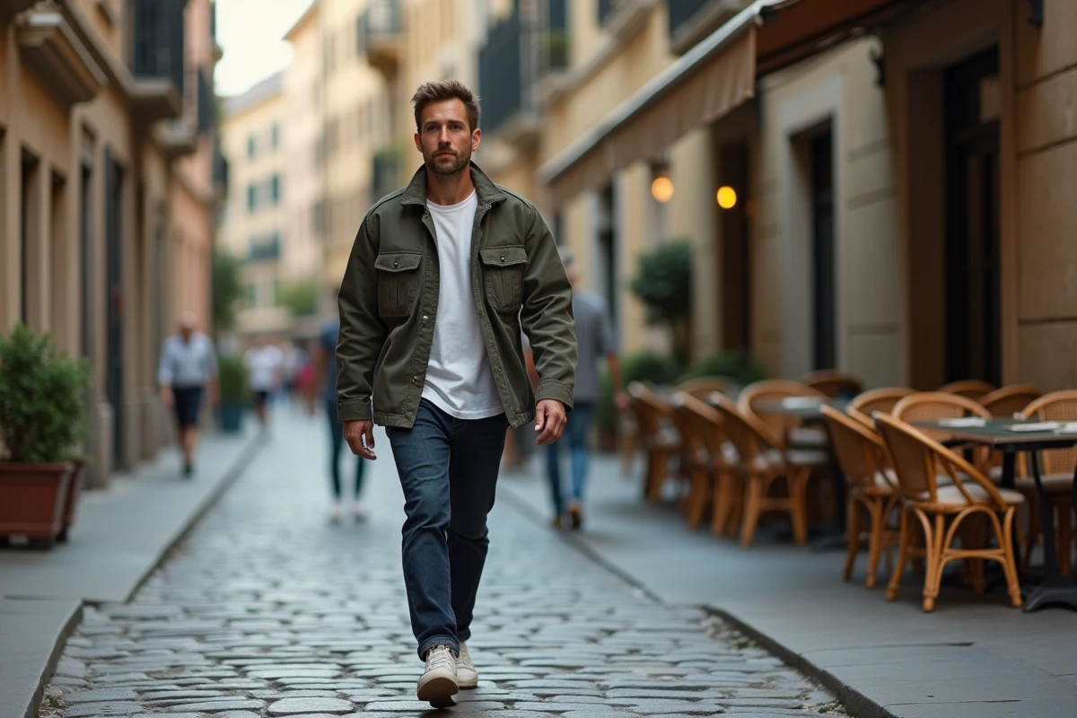 Homme stylé en veste utility olive et jean indigo marchant sur des pavés dans un quartier urbain européen pour un look mode tendance