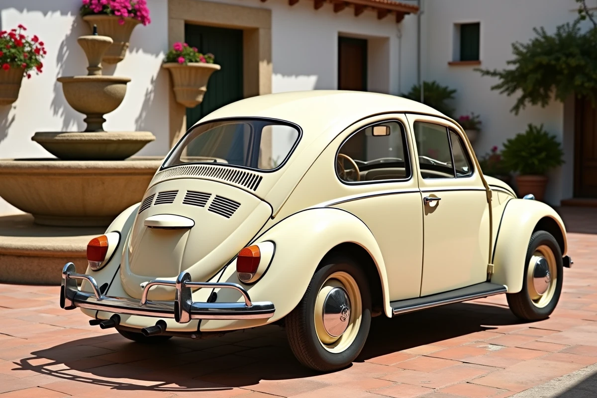 Une Volkswagen Coccinelle crème garée sur une place de village méditerranéenne ensoleillée, mettant en valeur sa carrosserie ronde et ses détails d'époque